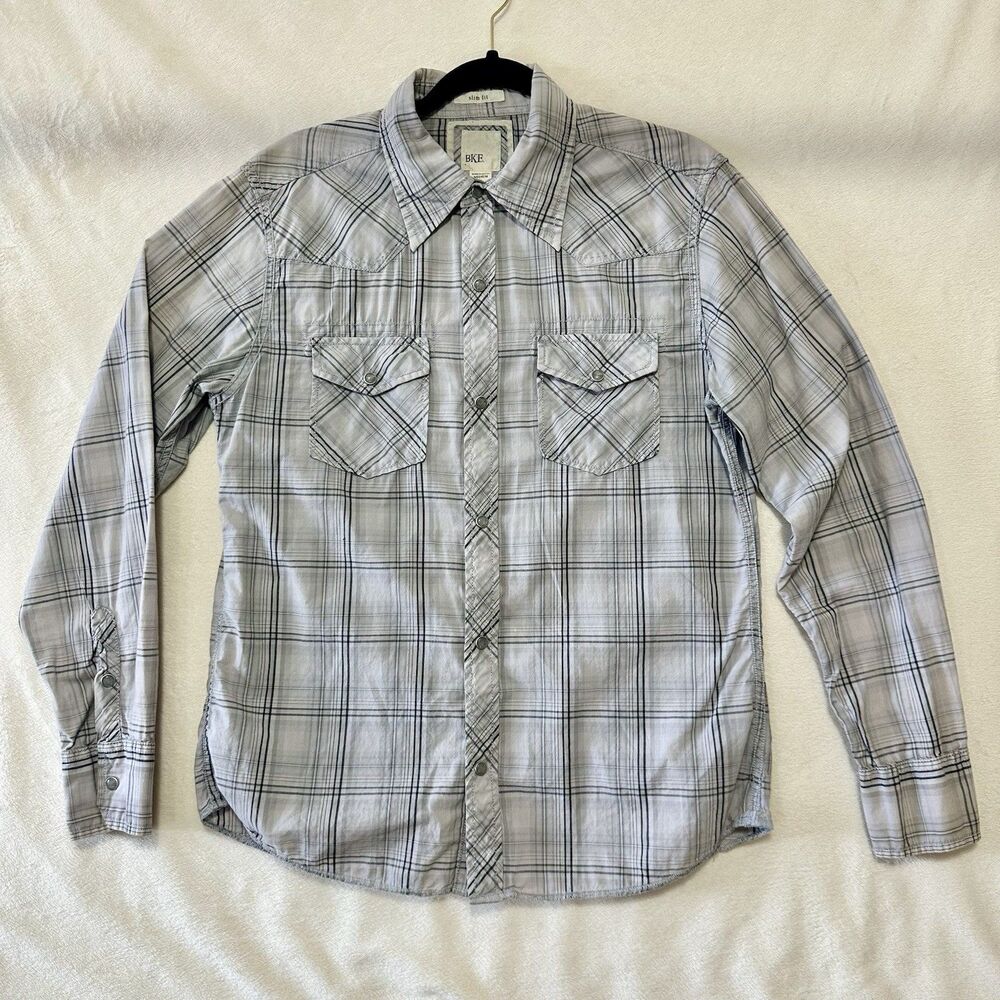 BKE BUCKLE Shirt Mens Medium Slim Fit Pearl Snap Western Gray Plaid Long Sleeve